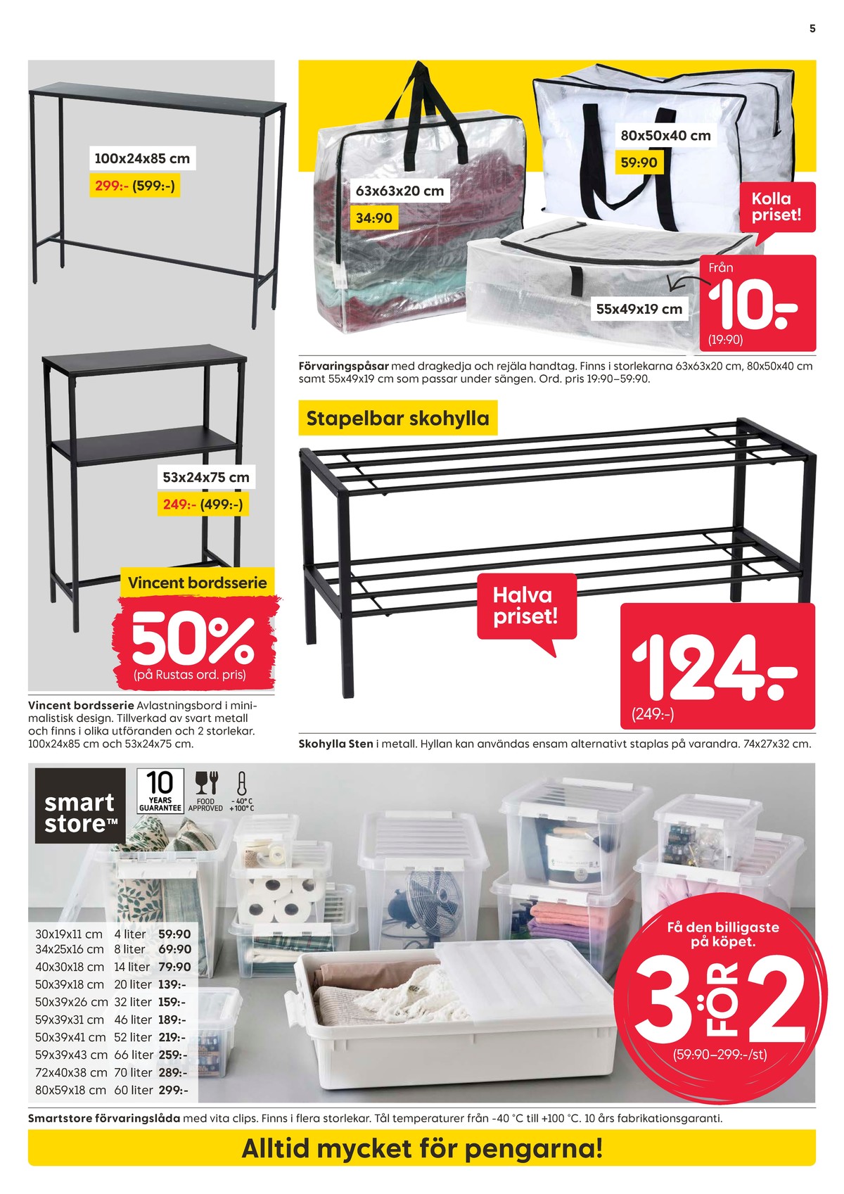 Se Rusta reklamblad för vecka 32 på Kampanjveckan.se. Se bra erbjudanden på många varor, t.ex. förvaringsboxar smartstore eller skohylla okänd. Läs reklambladet här! Sida 5
