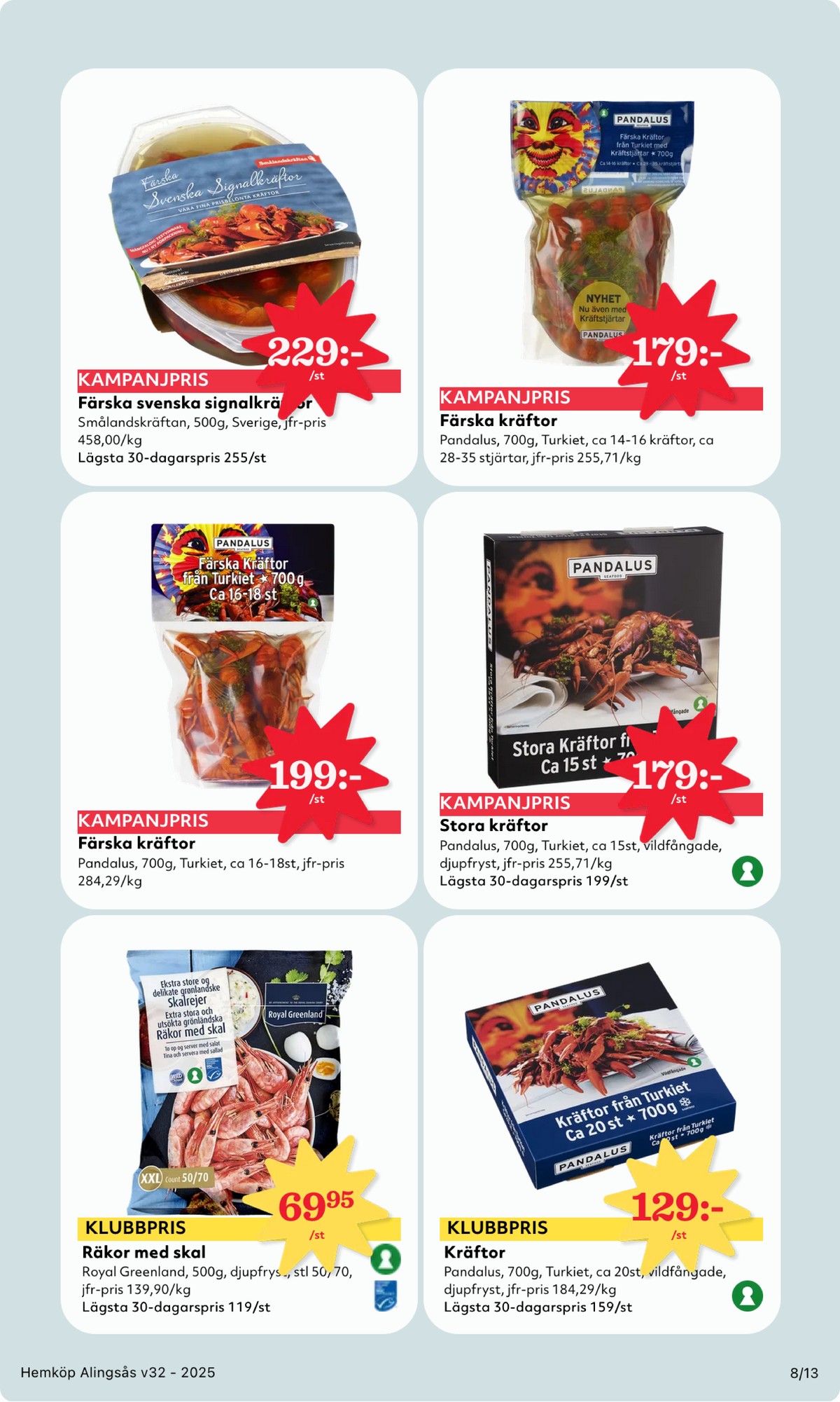Se Hemköp reklamblad för vecka 32 på Kampanjveckan.se. Se bra erbjudanden på många varor, t.ex. räkor med skal royal greenland eller kräftor pandalus. Läs reklambladet här! Sida 8
