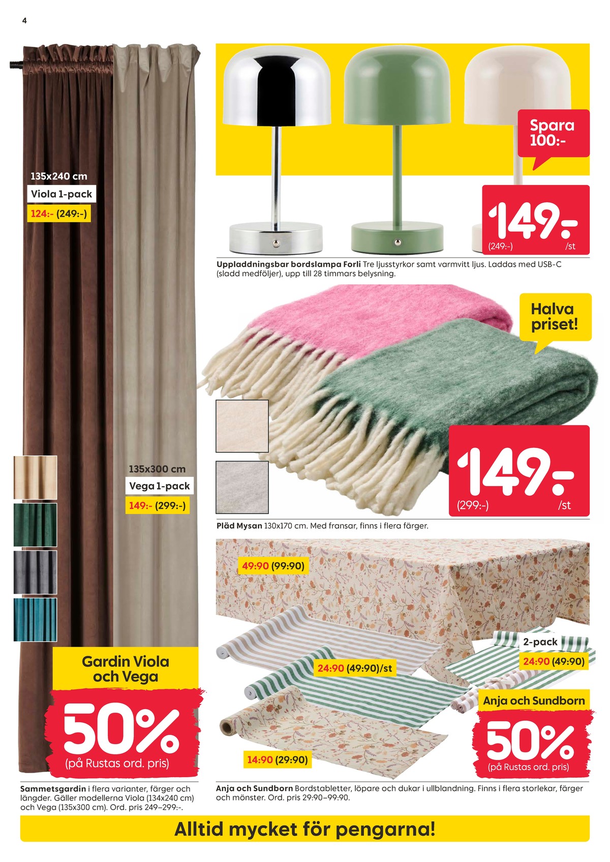 Se Rusta reklamblad för vecka 38 på Kampanjveckan.se. Se bra erbjudanden på många varor, t.ex. gardiner okänd eller bordstabletter okänd. Läs reklambladet här! Sida 4
