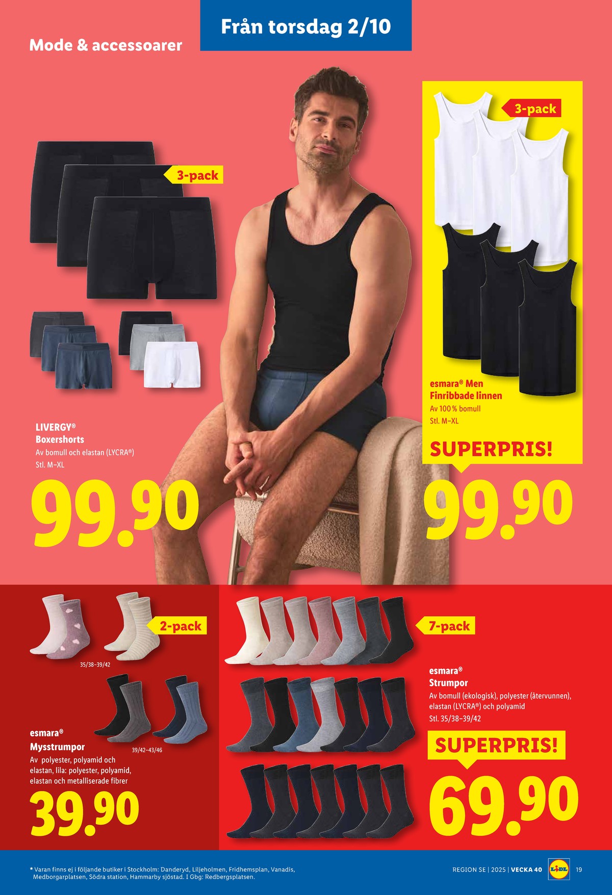 Se Lidl reklamblad för vecka 40 på Kampanjveckan.se. Se bra erbjudanden på många varor, t.ex. linne esmara men eller boxer livergy. Läs reklambladet här! Sida 22
