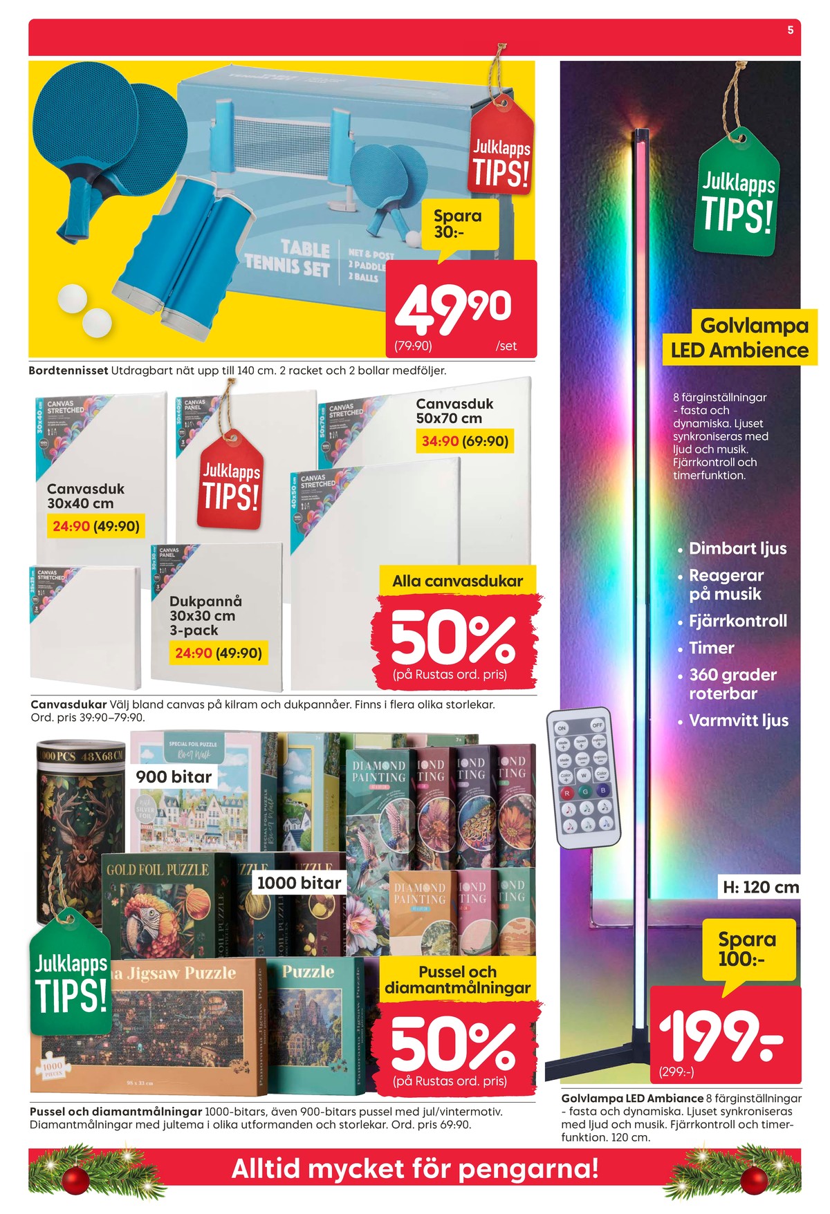 Se Rusta reklamblad för vecka 50 på Kampanjveckan.se. Se bra erbjudanden på många varor, t.ex. golvlampor okänd eller bordtennisspel okänd. Läs reklambladet här! Sida 5
