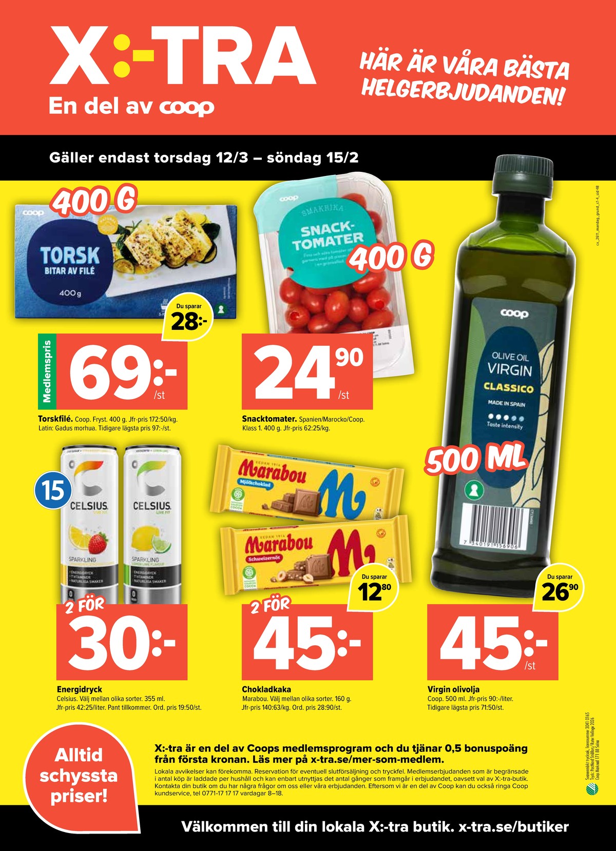 Se X:-tra reklamblad för vecka 11 på Kampanjveckan.se. Se bra erbjudanden på många varor, t.ex. olivolja coop eller torskfilé coop. Läs reklambladet här! Sida 4
