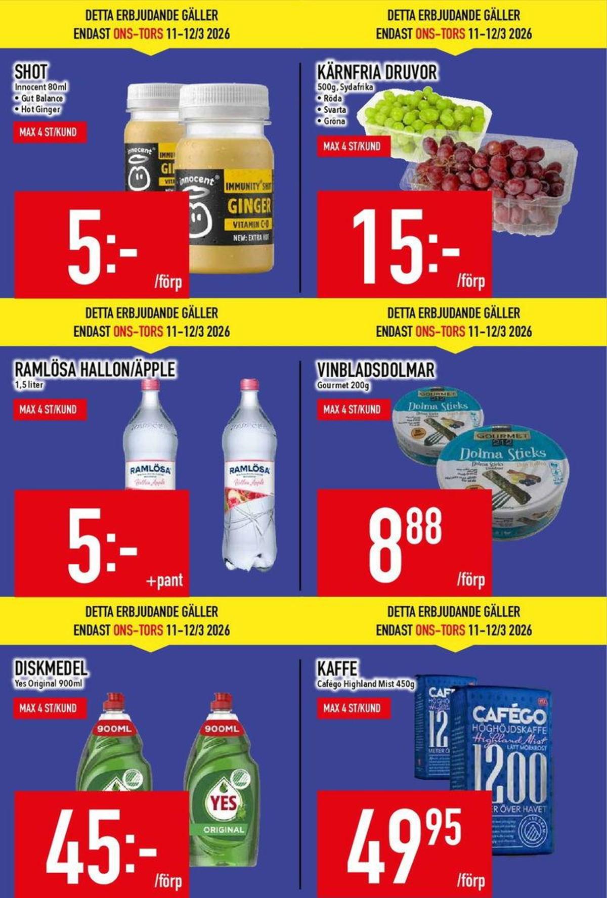 Se MatDax reklamblad för vecka 11 på Kampanjveckan.se. Se bra erbjudanden på många varor, t.ex. vinbladsdolmar gourmet eller kaffe malet highland mist. Läs reklambladet här! Sida 3
