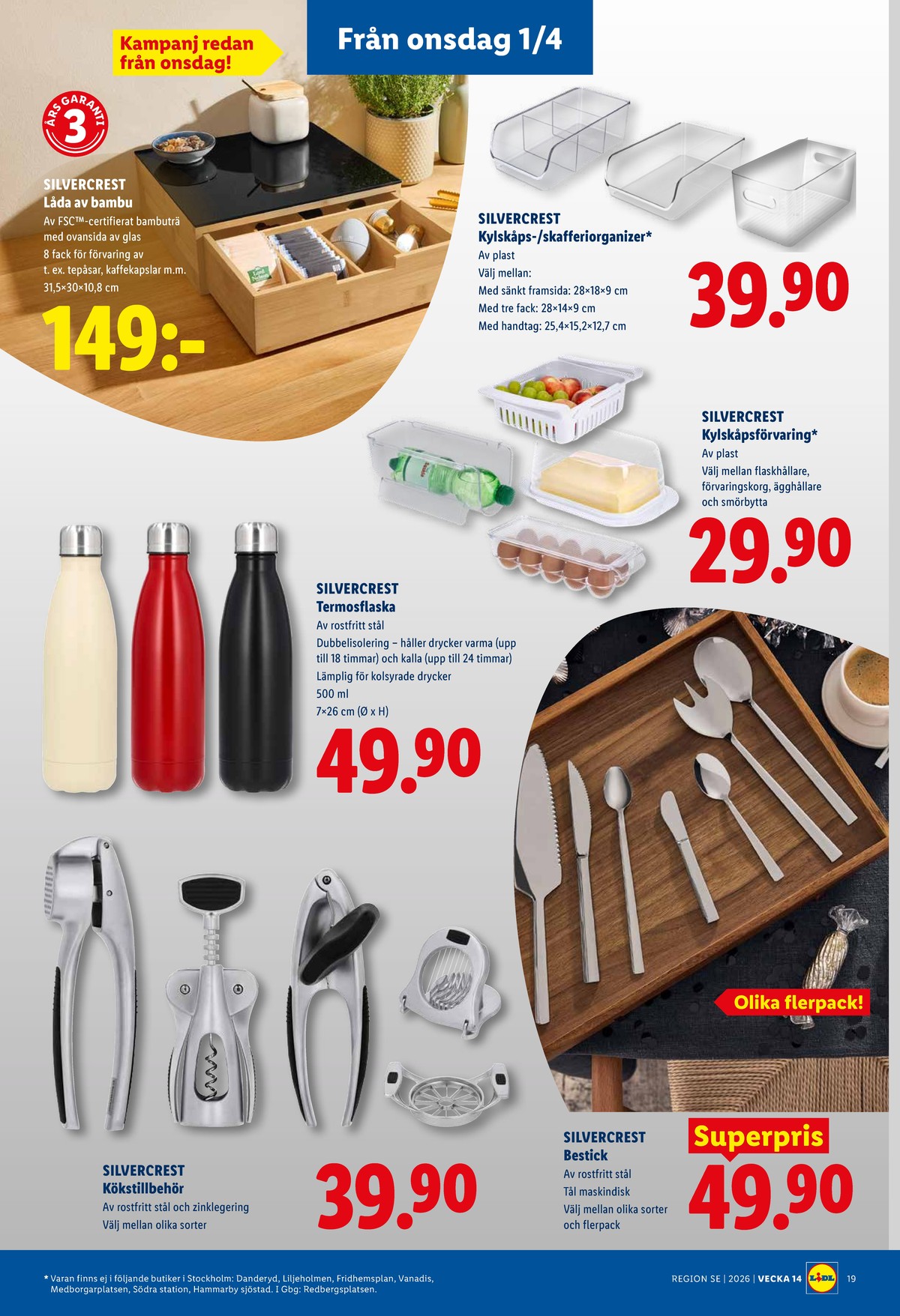 Se Lidl reklamblad för vecka 14 på Kampanjveckan.se. Se bra erbjudanden på många varor, t.ex. kylskåpslådor silvercrest eller telåda silvercrest. Läs reklambladet här! Sida 21
