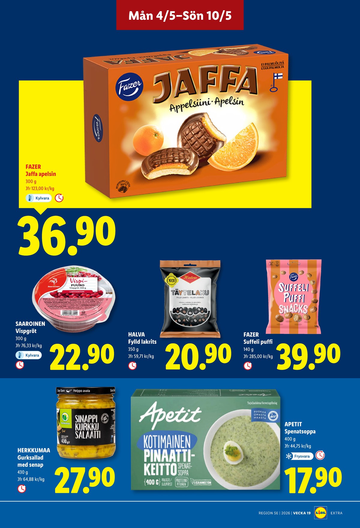 Se Lidl reklamblad för vecka 19 på Kampanjveckan.se. Se bra erbjudanden på många varor, t.ex. gurksallad m senap krakus eller suffeli puffi snacks fazer. Läs reklambladet här! Sida 13
