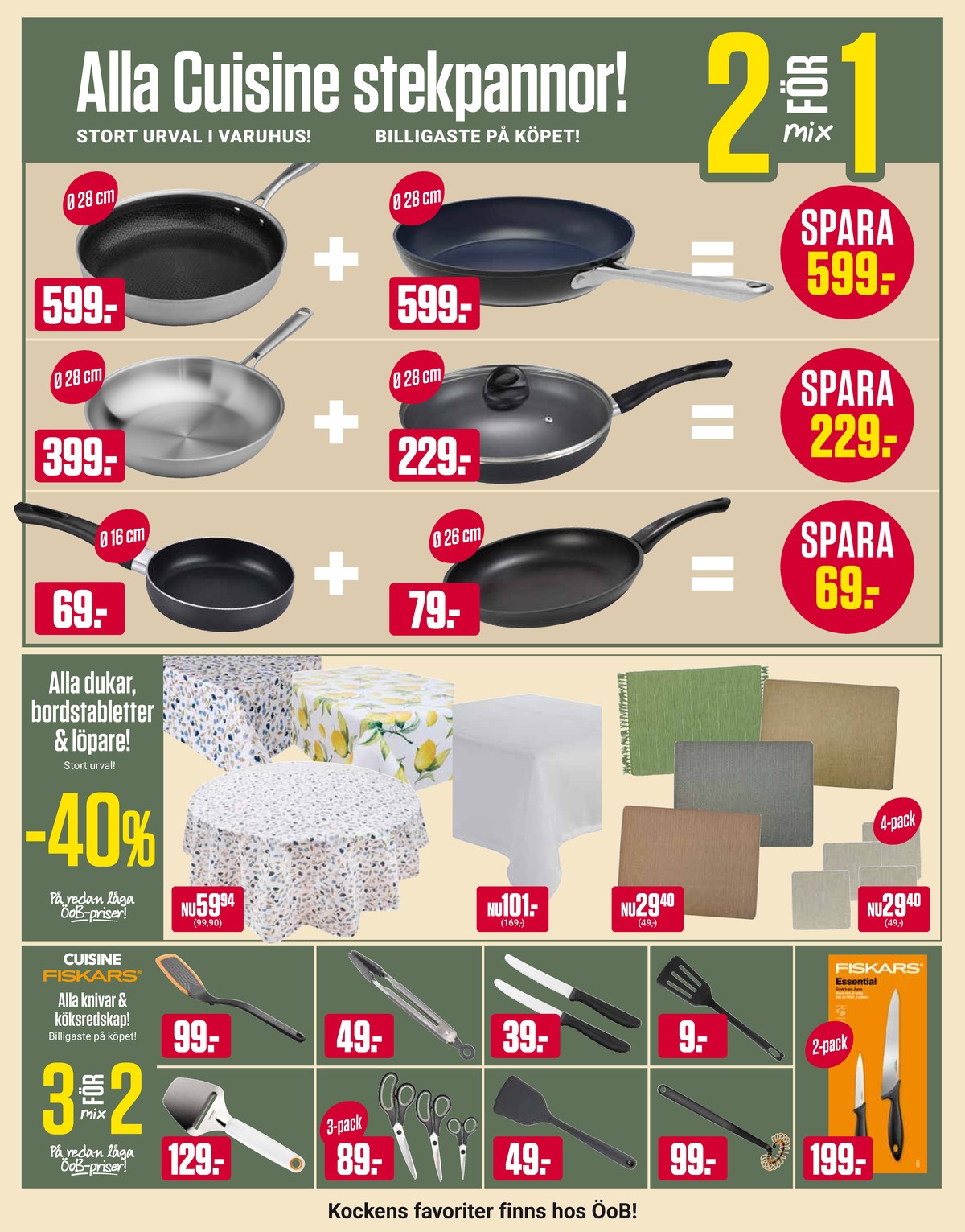 Se ÖoB reklamblad för vecka 21 på Kampanjveckan.se. Se bra erbjudanden på många varor, t.ex. knivar fiskars eller stekpanna cuisine. Läs reklambladet här! Sida 11
