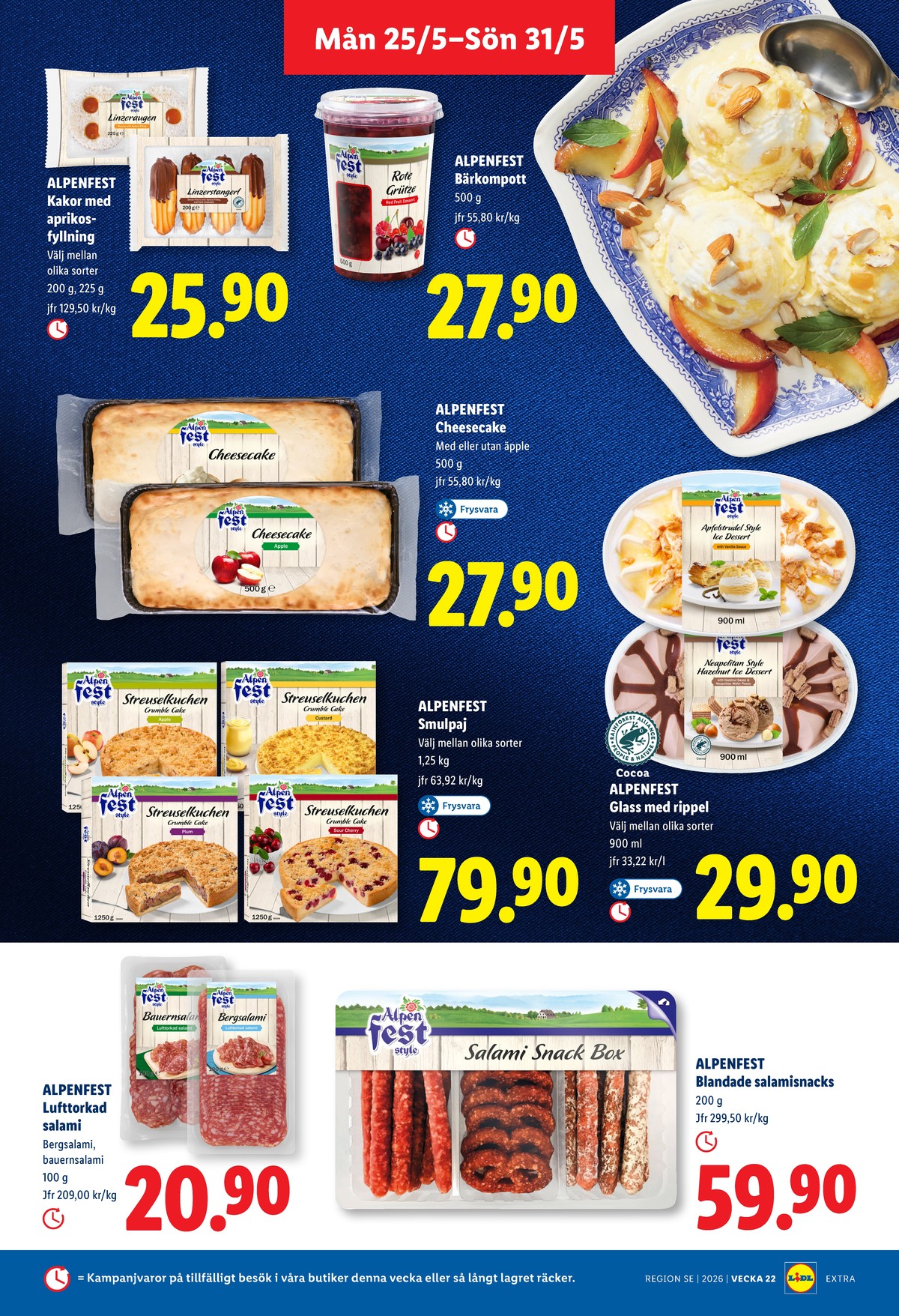 Se Lidl reklamblad för vecka 22 på Kampanjveckan.se. Se bra erbjudanden på många varor, t.ex. bergsalami alpen fest eller glass alpen fest. Läs reklambladet här! Sida 12
