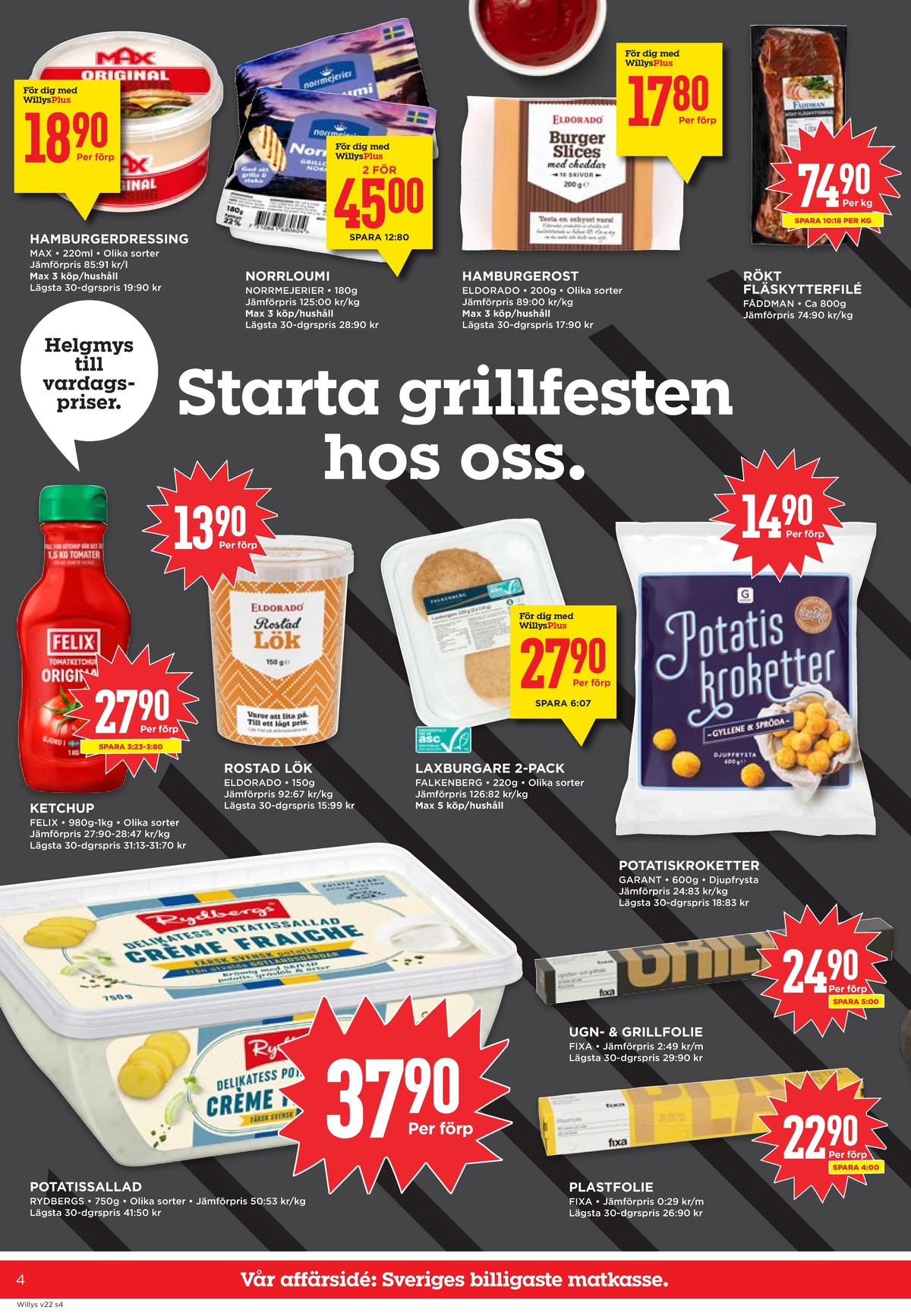 Se WILLY:S reklamblad för vecka 22 på Kampanjveckan.se. Se bra erbjudanden på många varor, t.ex. hamburgerdressing max eller norrloumi norrmejerier. Läs reklambladet här! Sida 4
