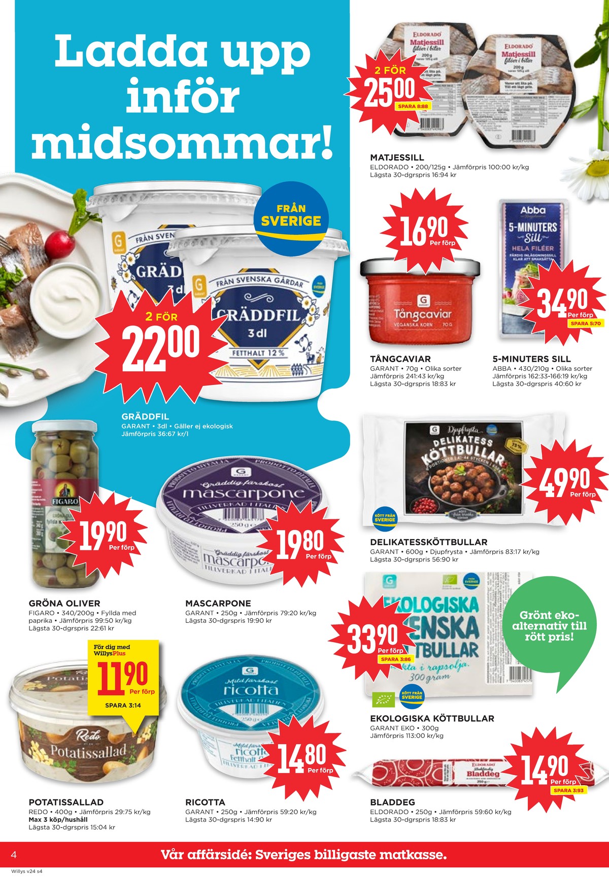 Se WILLY:S reklamblad för vecka 24 på Kampanjveckan.se. Se bra erbjudanden på många varor, t.ex. gräddfil garant eller matjessill eldorado. Läs reklambladet här! Sida 4
