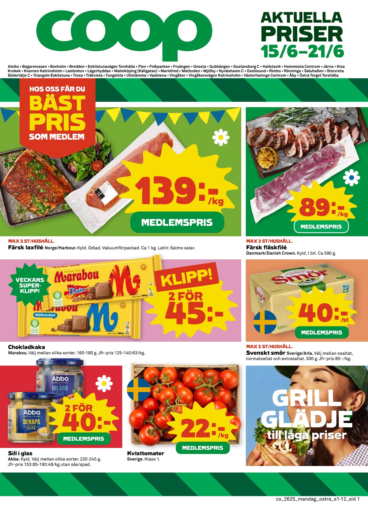 Se Coop reklamblad för vecka 25 på Kampanjveckan.se. Se bra erbjudanden på många varor, t.ex. laxfilé harbour salmon co eller fläskfilé danish crown. Läs reklambladet här! Sida 1
