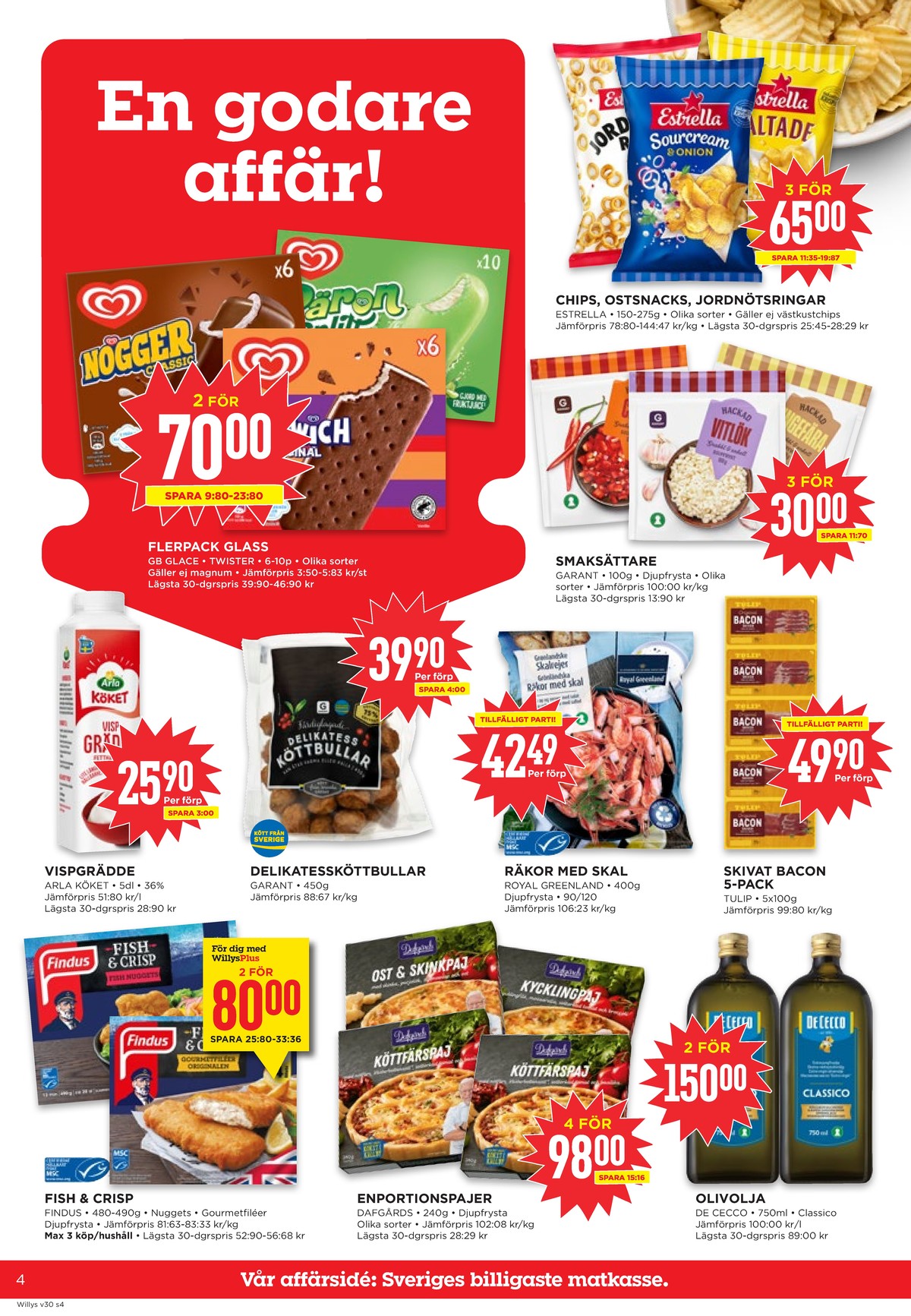 Se WILLY:S reklamblad för vecka 30 på Kampanjveckan.se. Se bra erbjudanden på många varor, t.ex. glasspinnar nogger eller köttbullar garant. Läs reklambladet här! Sida 4
