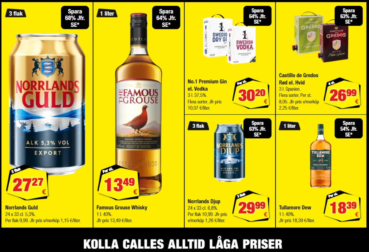 Se Calle reklamblad för vecka 37 på Kampanjveckan.se. Se bra erbjudanden på många varor, t.ex. Öl 24 pk guld export eller whisky the famous grouse. Läs reklambladet här! Sida 2
