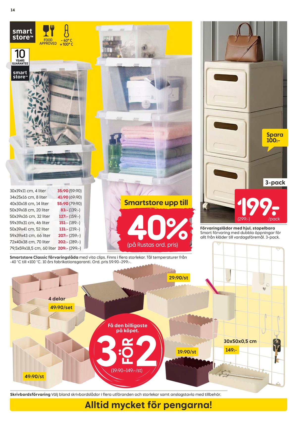 Se Rusta reklamblad för vecka 41 på Kampanjveckan.se. Se bra erbjudanden på många varor, t.ex. förvaringslådor smartstore eller förvaringsboxar smartstore. Läs reklambladet här! Sida 14
